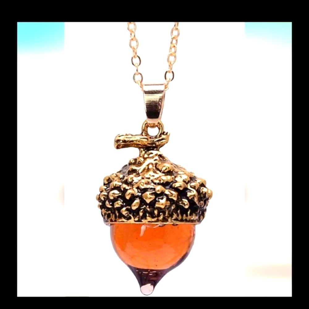 Simulated Amber Glass Acorn Necklace  Seasonal Wonder 31 inch Chain